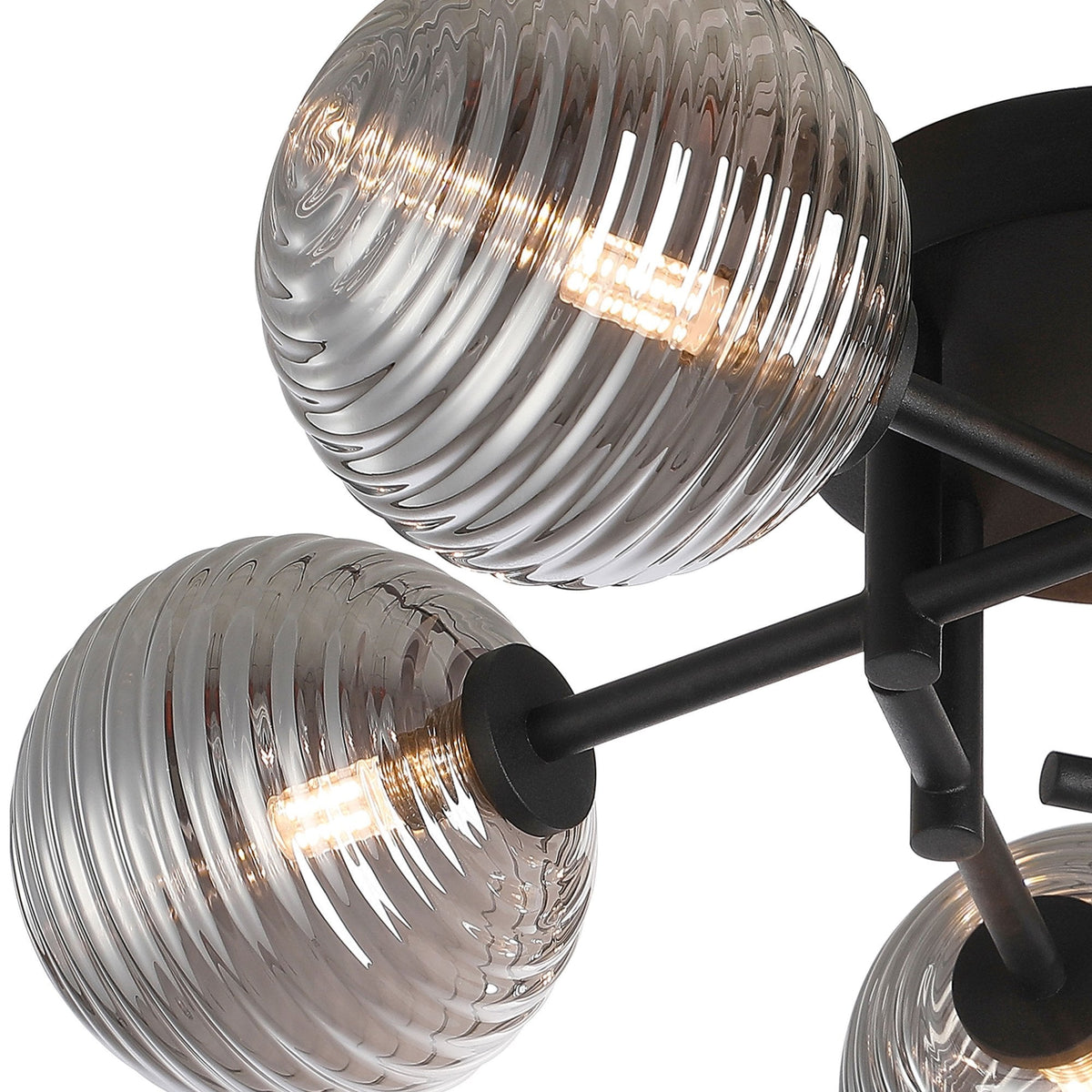 Tenterden Round 5 Light Semi Flush Ceiling Light in Satin Black with Ribbed Round Smoke Glass Diffusers