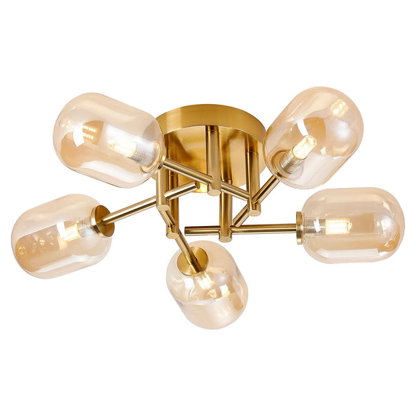 A modern brass ceiling light featuring five amber glass shades, unlit against a white background.