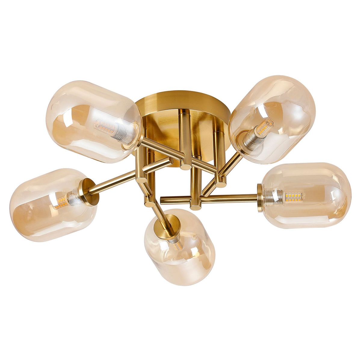 A modern brass ceiling light with five amber glass shades, unlit against a white background.