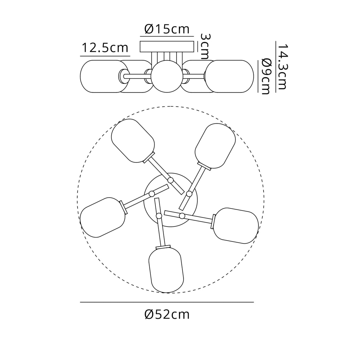Technical drawing of a ceiling light, showing dimensions and a top-down view.
