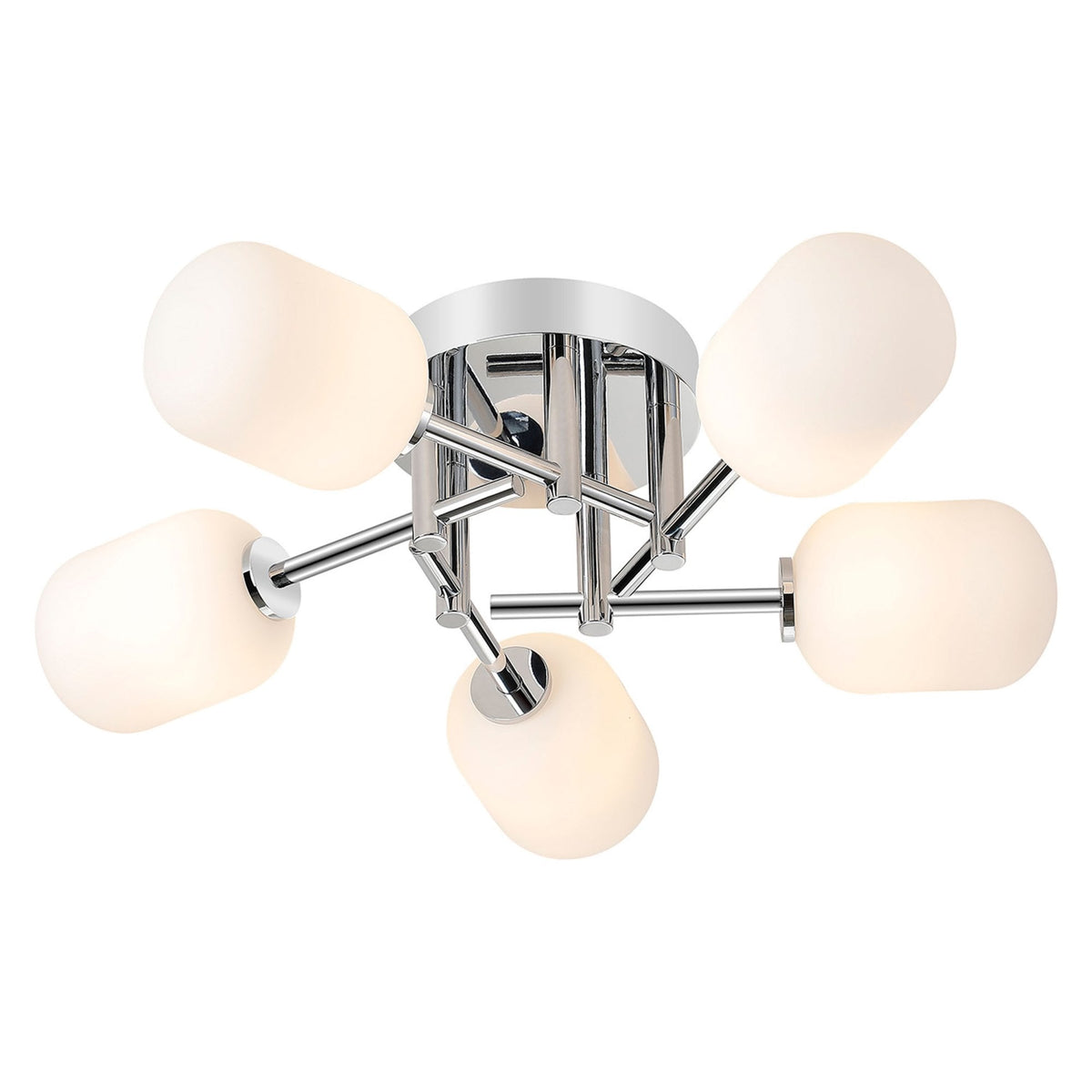 A close up of the chrome and white glass light fixture on a white ceiling.