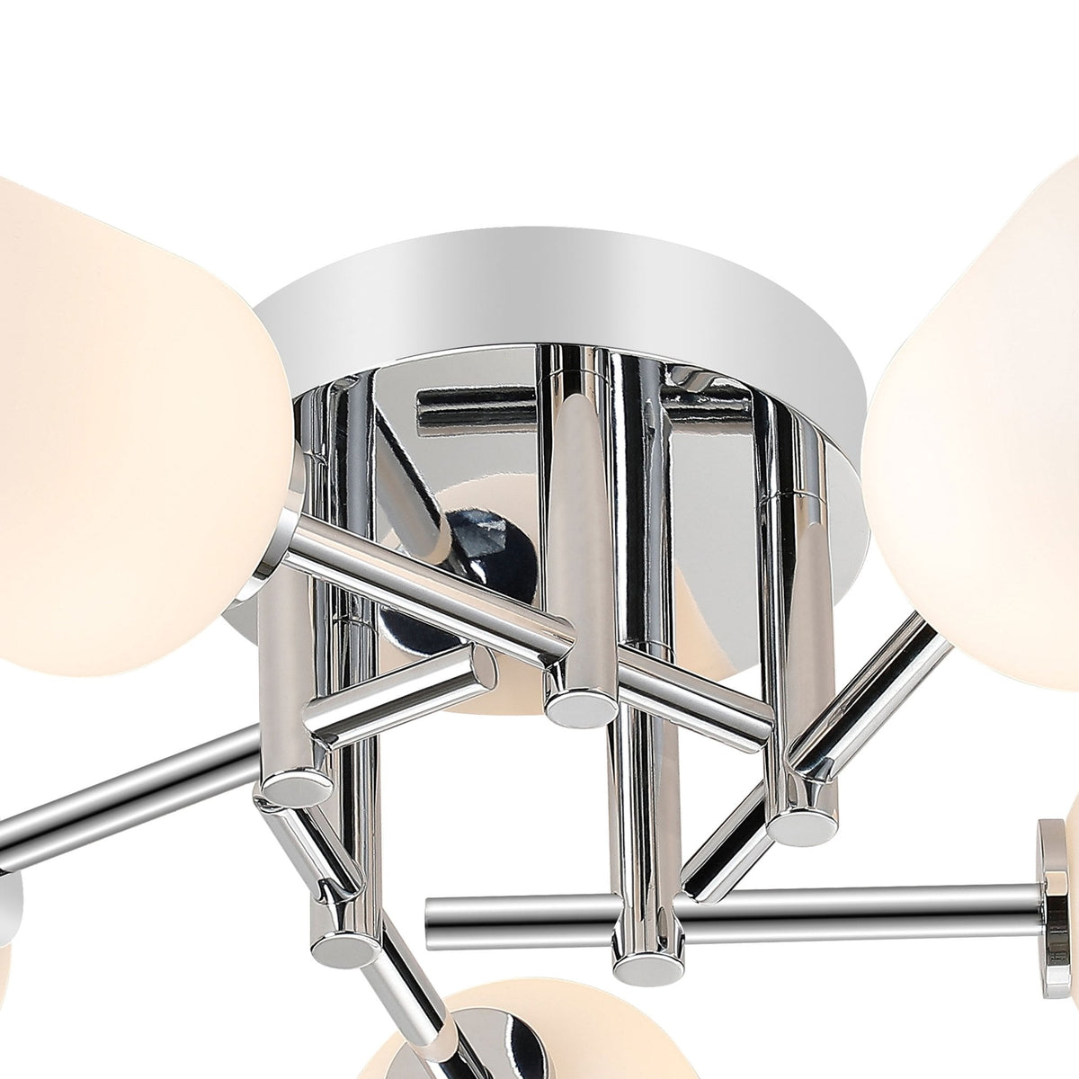A close-up of the central chrome hub and two white glass shades of the light fixture.