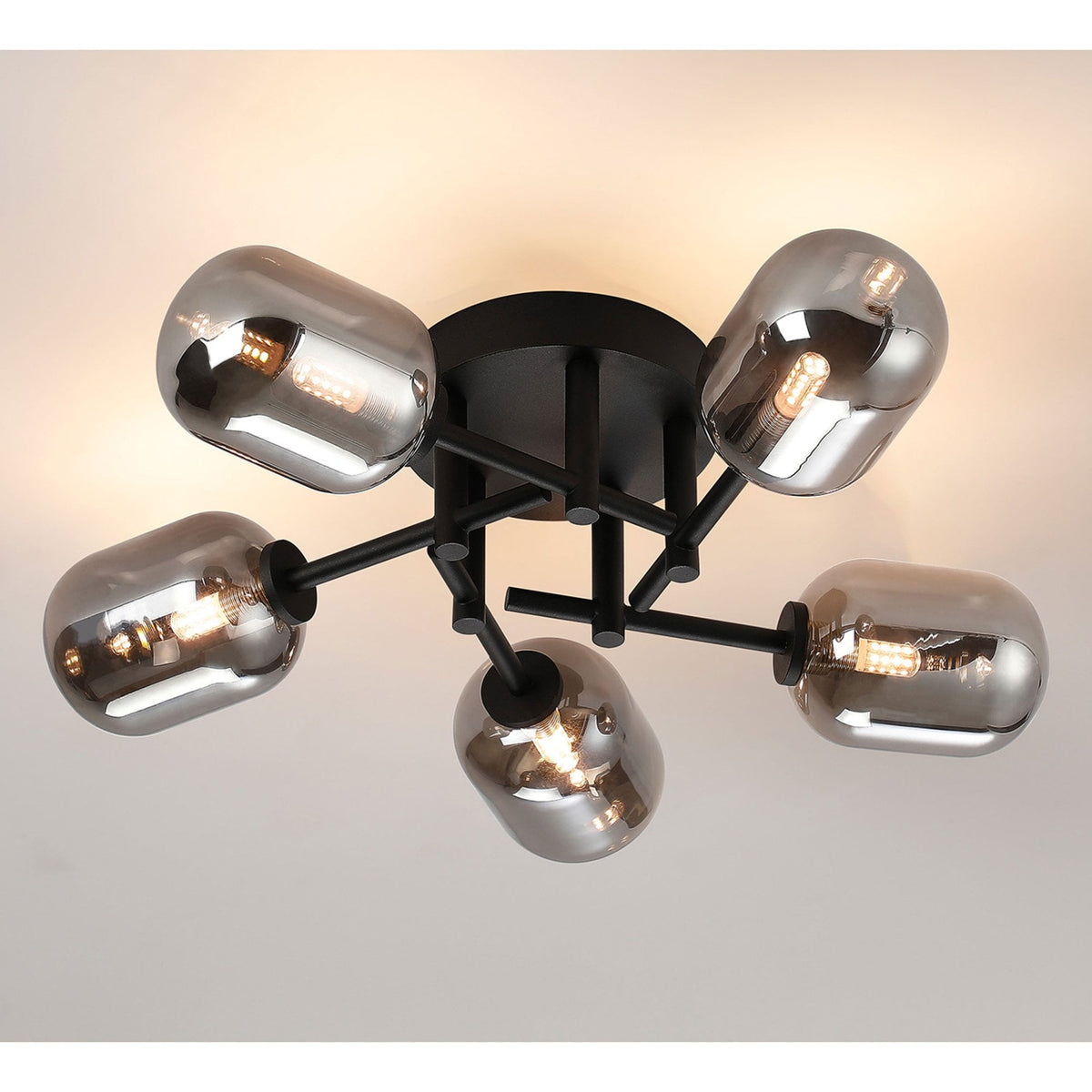 Tenterden Round 5 Light Semi Flush Ceiling Light in Satin Black with Smooth Tubular Smoke Glass Diffusers