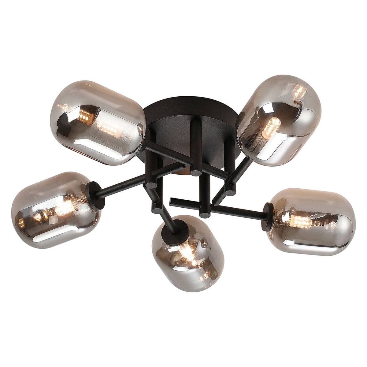 Tenterden Round 5 Light Semi Flush Ceiling Light in Satin Black with Smooth Tubular Smoke Glass Diffusers