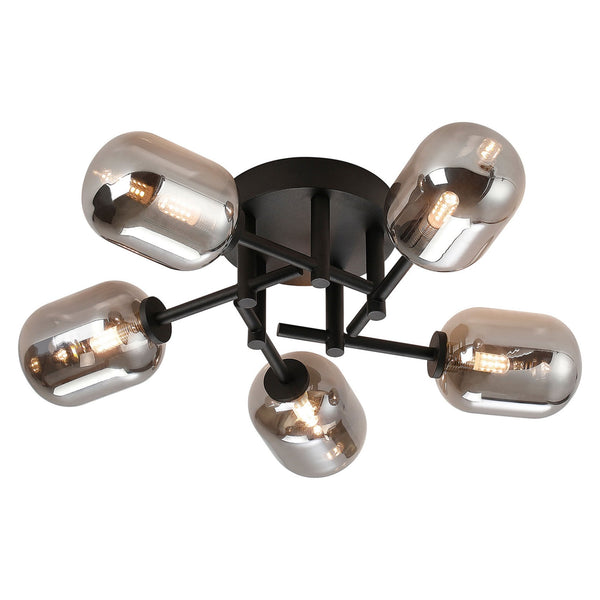 Tenterden Round 5 Light Semi Flush Ceiling Light in Satin Black with Smooth Tubular Smoke Glass Diffusers