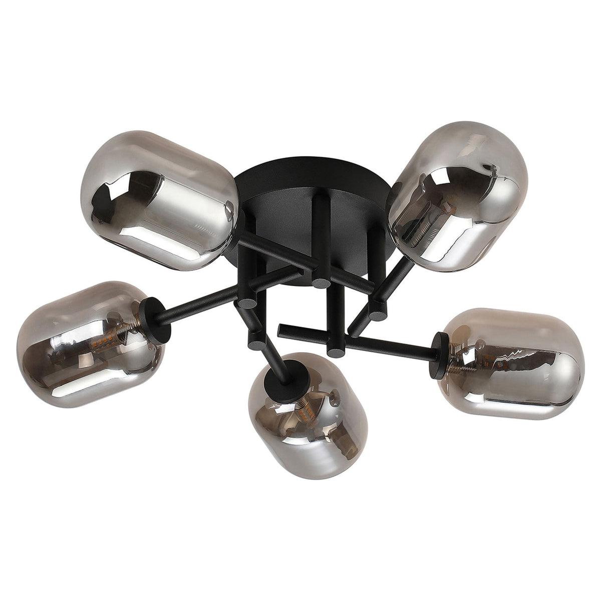 Tenterden Round 5 Light Semi Flush Ceiling Light in Satin Black with Smooth Tubular Smoke Glass Diffusers