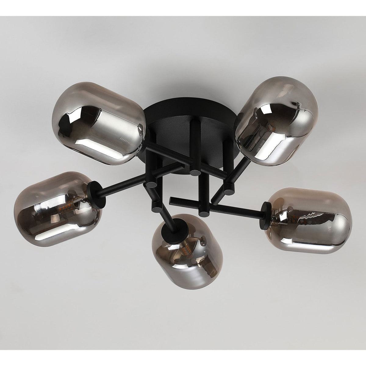 Tenterden Round 5 Light Semi Flush Ceiling Light in Satin Black with Smooth Tubular Smoke Glass Diffusers