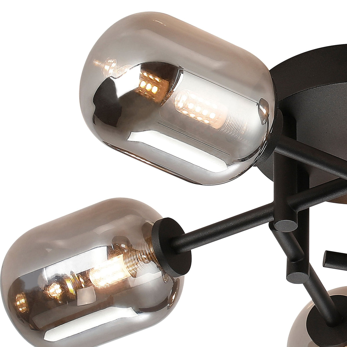 Tenterden Round 5 Light Semi Flush Ceiling Light in Satin Black with Smooth Tubular Smoke Glass Diffusers