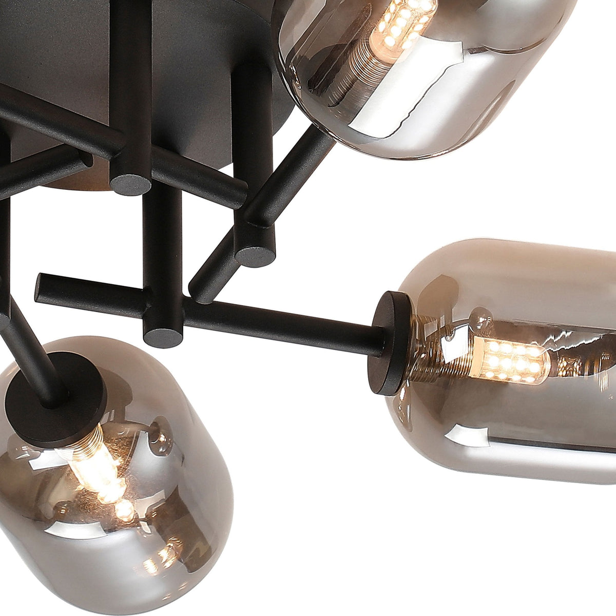 Tenterden Round 5 Light Semi Flush Ceiling Light in Satin Black with Smooth Tubular Smoke Glass Diffusers