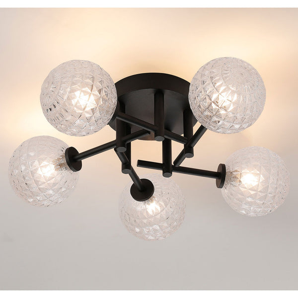 Tenterden Round 5 Light Semi Flush Ceiling Light in Satin Black with Cross Pattern Round Clear Glass Diffusers