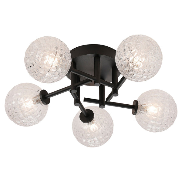 Tenterden Round 5 Light Semi Flush Ceiling Light in Satin Black with Cross Pattern Round Clear Glass Diffusers