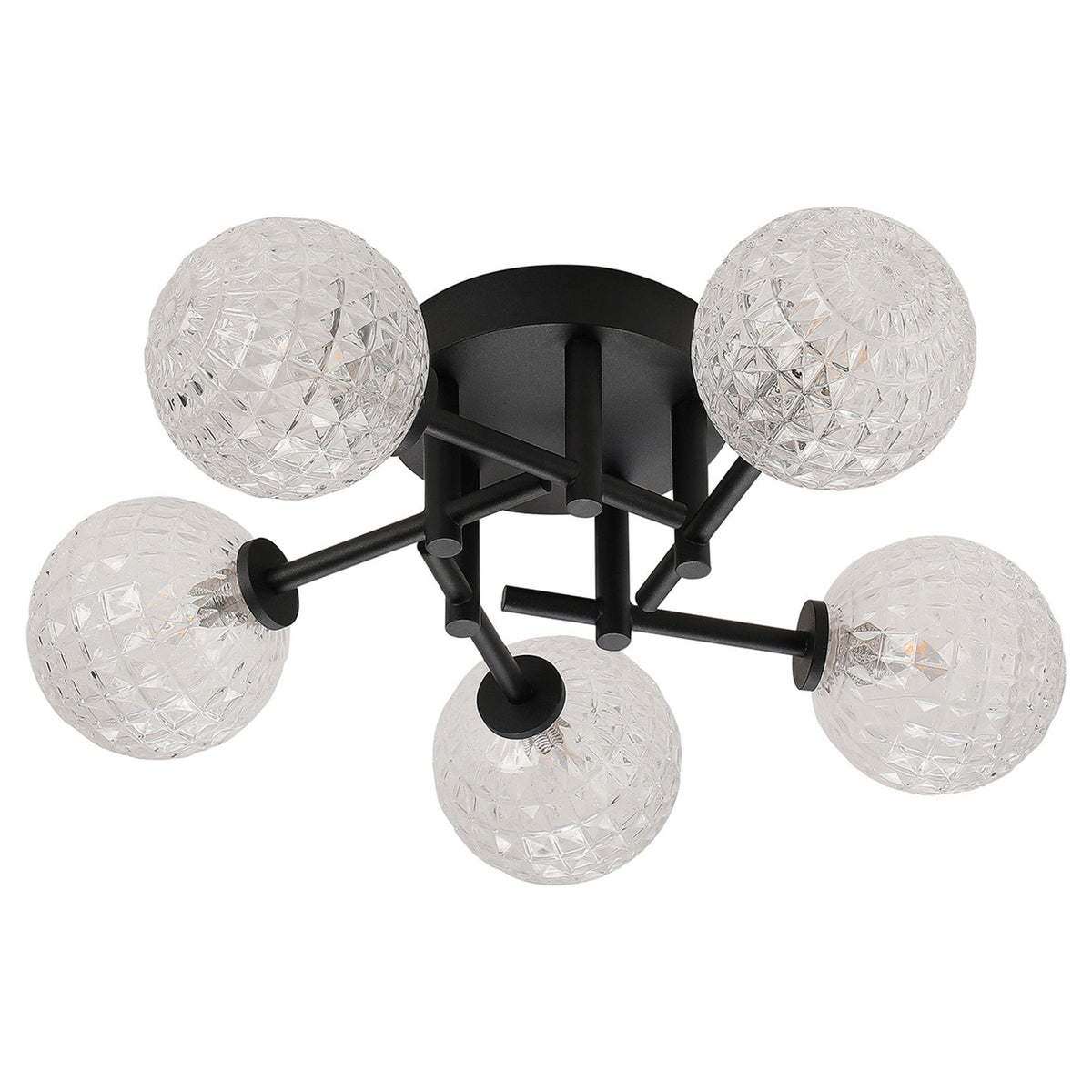 Tenterden Round 5 Light Semi Flush Ceiling Light in Satin Black with Cross Pattern Round Clear Glass Diffusers