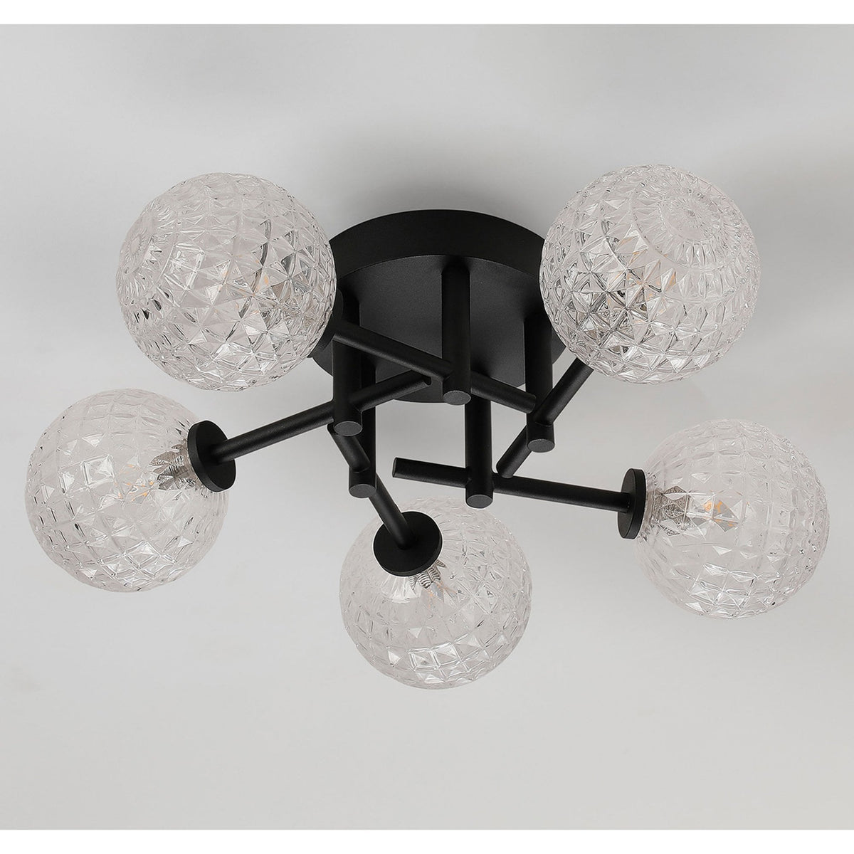 Tenterden Round 5 Light Semi Flush Ceiling Light in Satin Black with Cross Pattern Round Clear Glass Diffusers