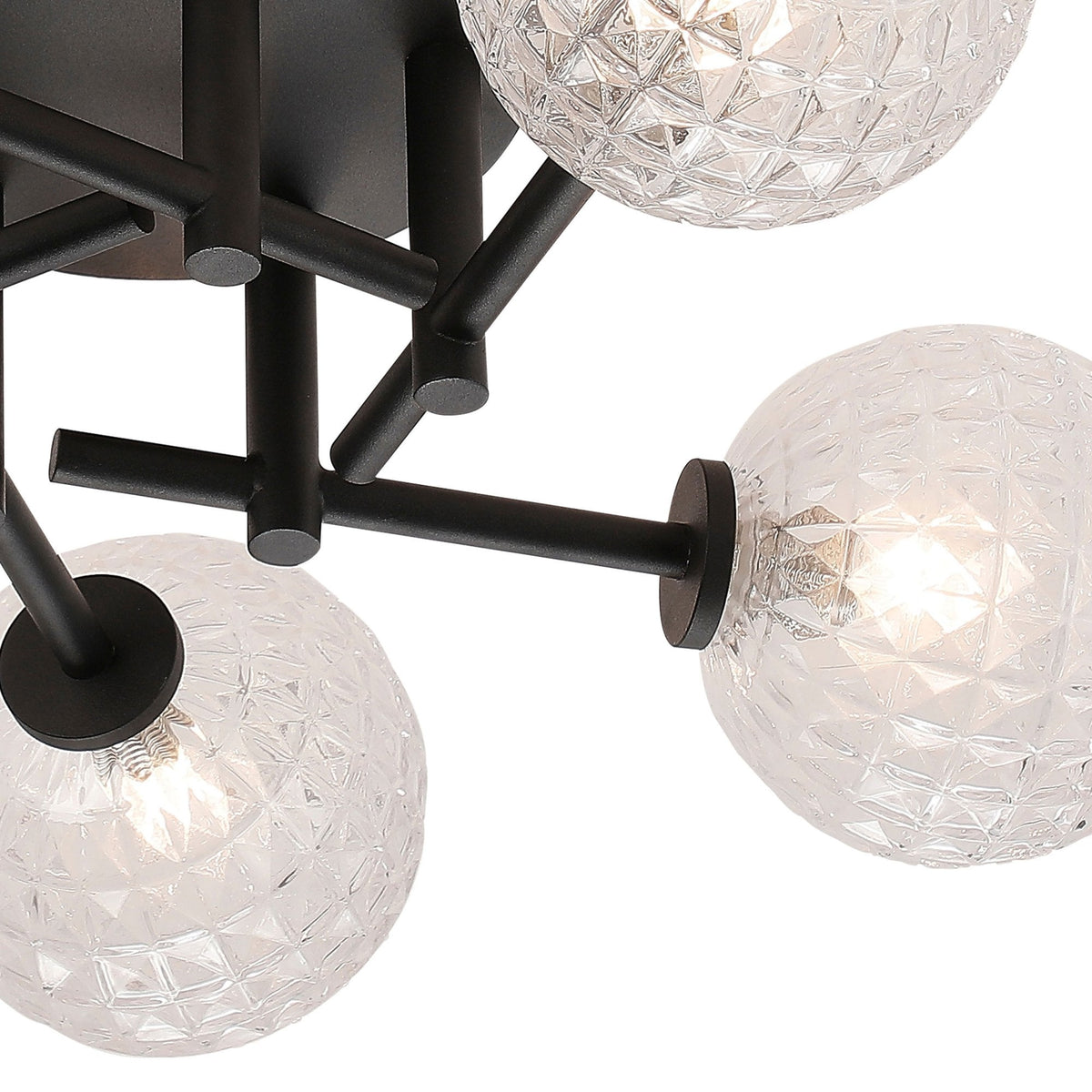 Tenterden Round 5 Light Semi Flush Ceiling Light in Satin Black with Cross Pattern Round Clear Glass Diffusers