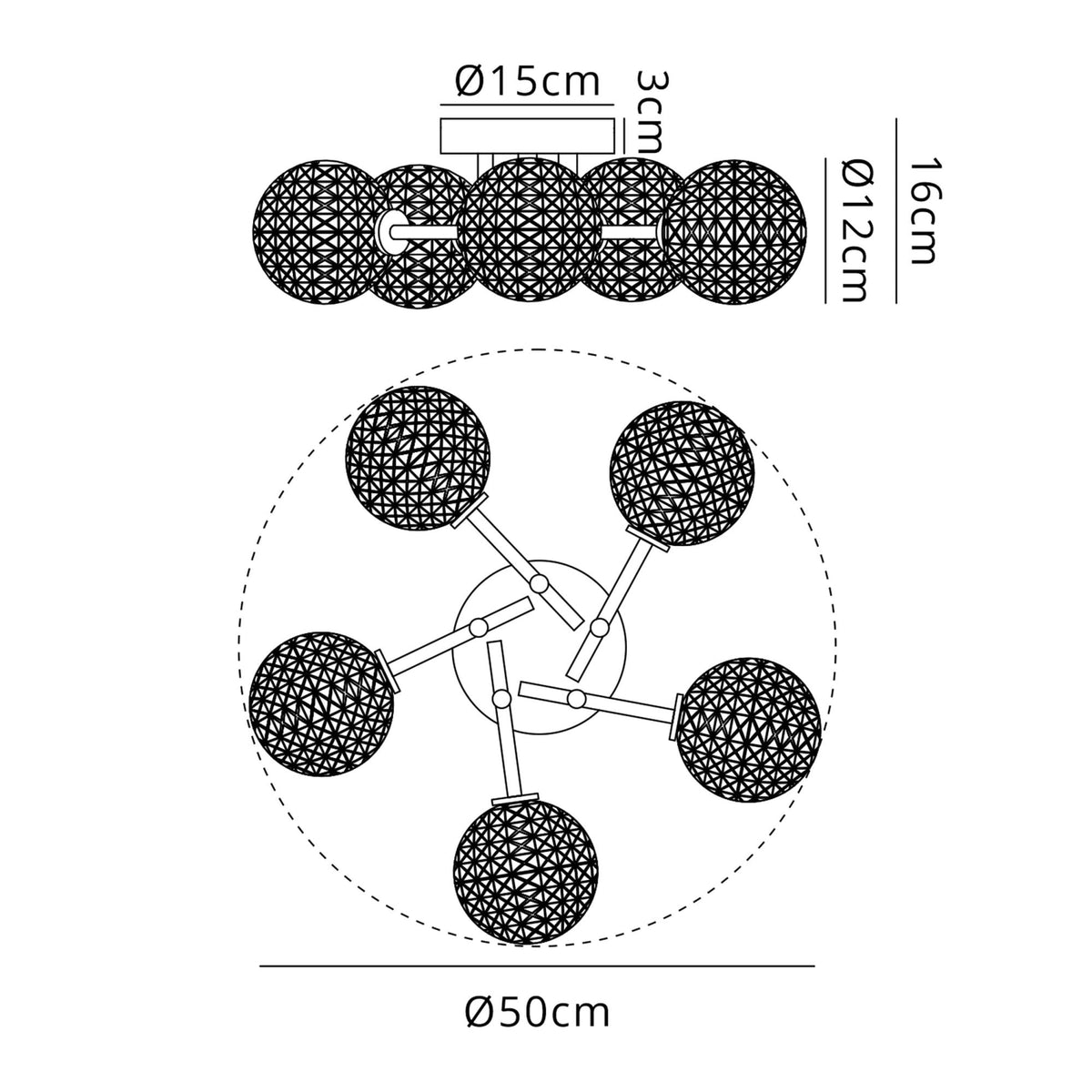 Tenterden Round 5 Light Semi Flush Ceiling Light in Satin Black with Cross Pattern Round Clear Glass Diffusers
