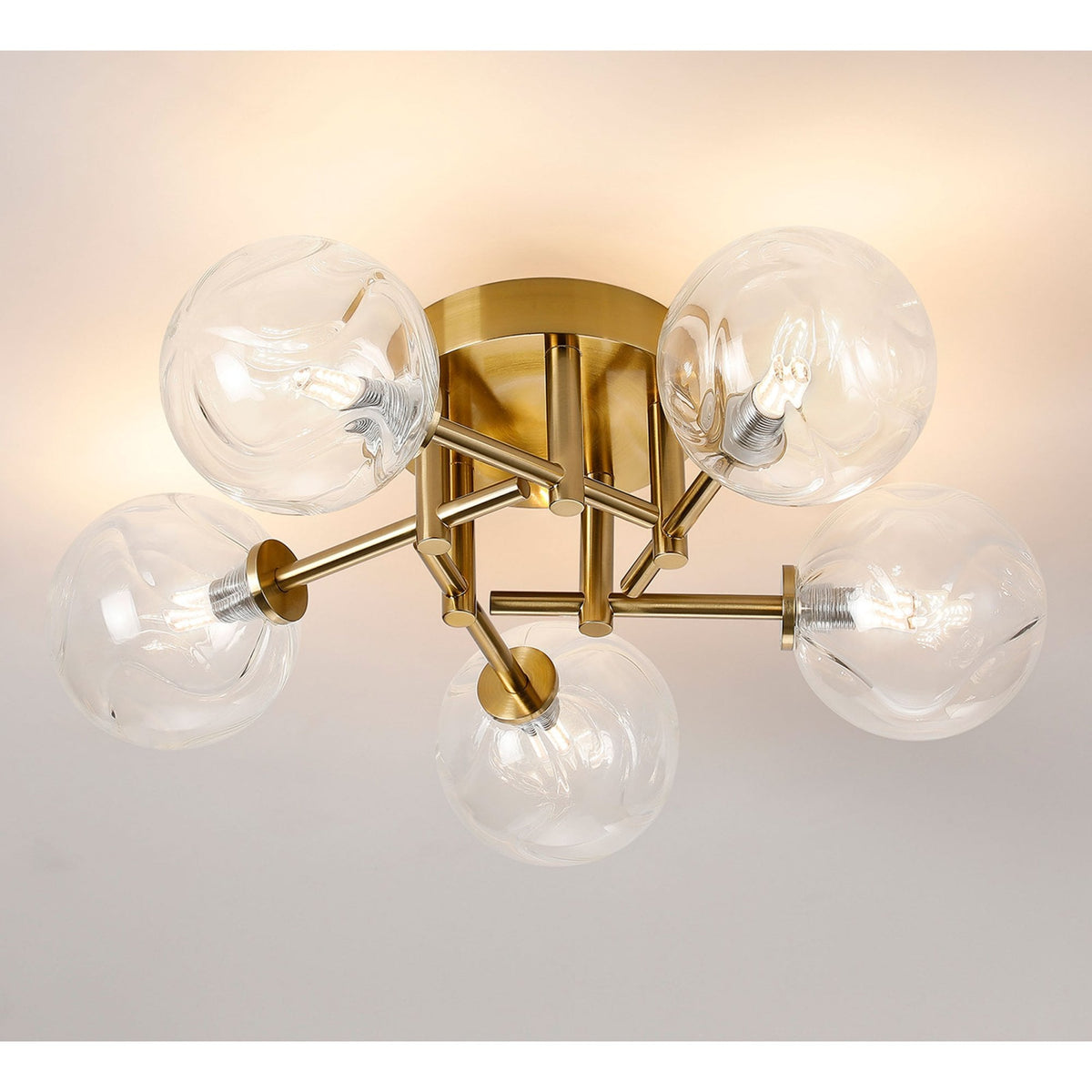Tenterden Round 5 Light Semi Flush Ceiling Light in Brass Gold with Waved Round Clear Glass Diffusers
