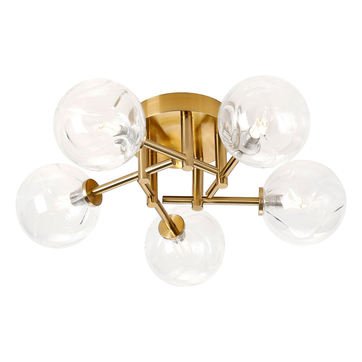 Tenterden Round 5 Light Semi Flush Ceiling Light in Brass Gold with Waved Round Clear Glass Diffusers