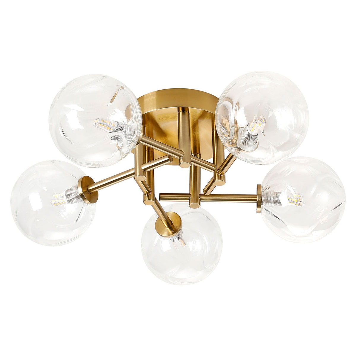 Tenterden Round 5 Light Semi Flush Ceiling Light in Brass Gold with Waved Round Clear Glass Diffusers
