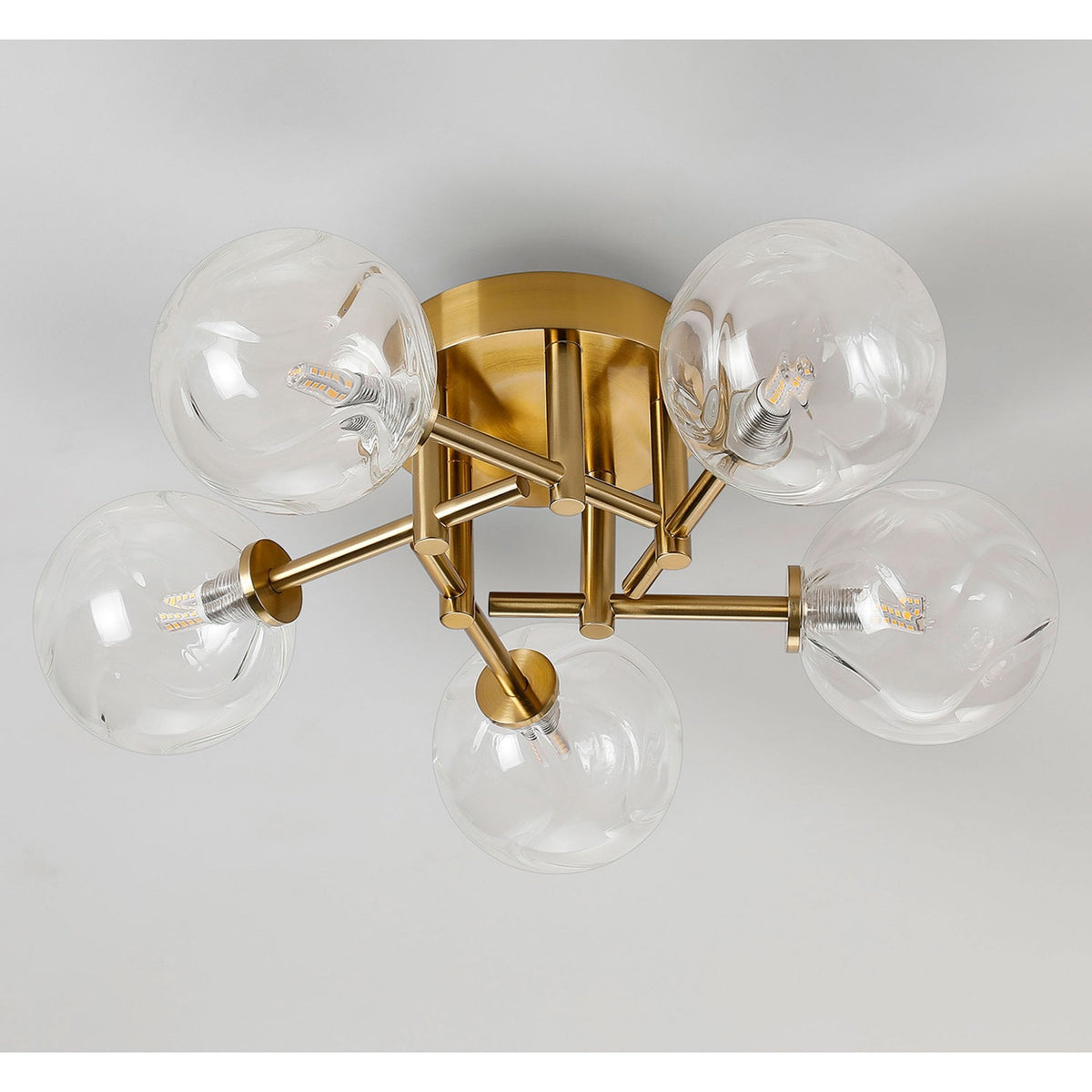 Tenterden Round 5 Light Semi Flush Ceiling Light in Brass Gold with Waved Round Clear Glass Diffusers