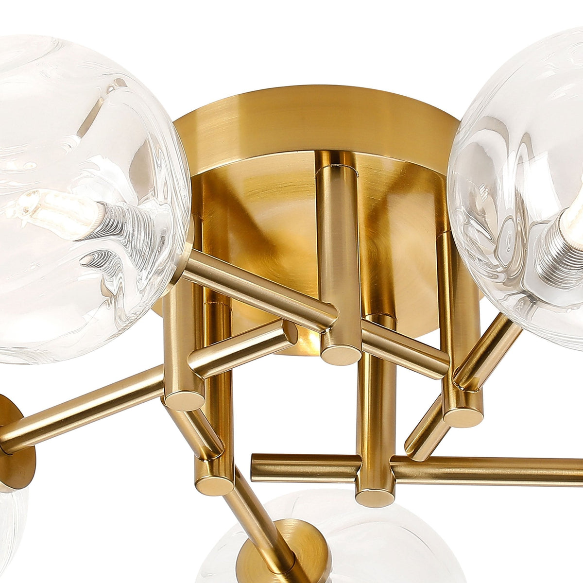 Tenterden Round 5 Light Semi Flush Ceiling Light in Brass Gold with Waved Round Clear Glass Diffusers