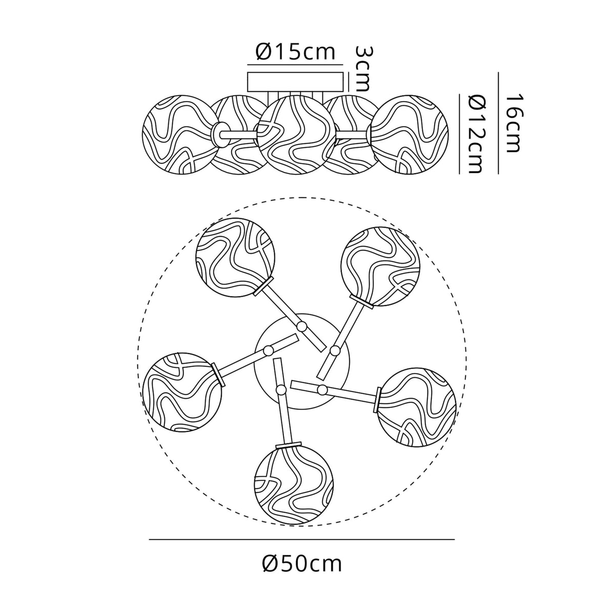 Tenterden Round 5 Light Semi Flush Ceiling Light in Brass Gold with Waved Round Clear Glass Diffusers