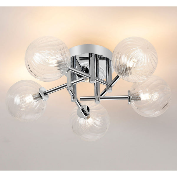 Tenterden Round 5 Light Semi Flush Ceiling Light in Chrome with Swirl Round Clear Glass Diffusers