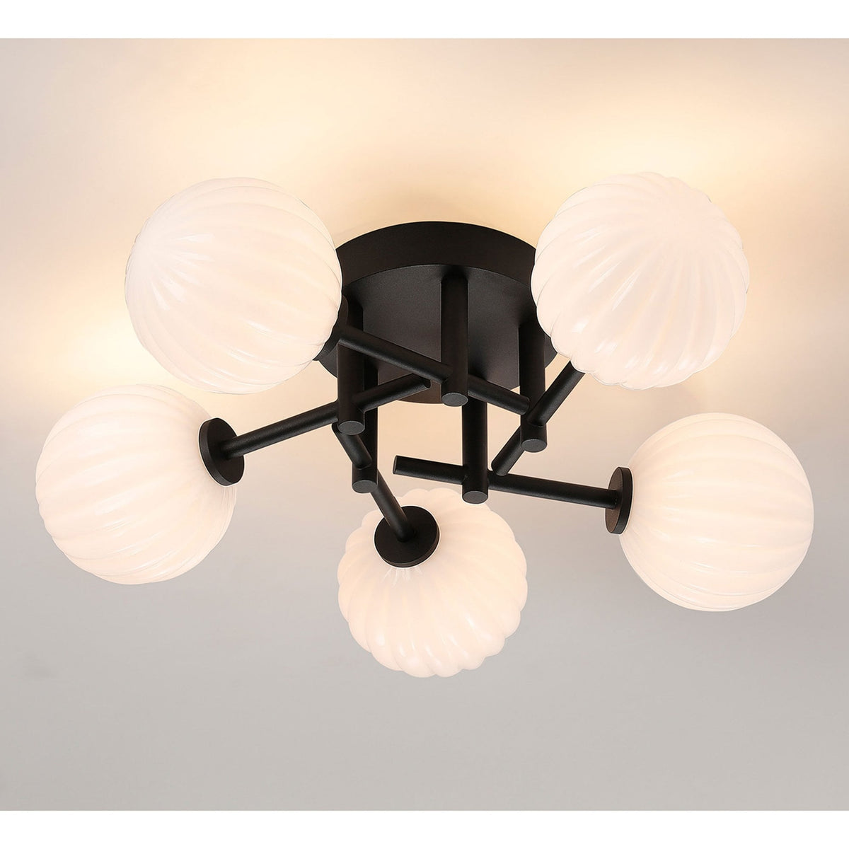 Tenterden Round 5 Light Semi Flush Ceiling Light in Satin Black with Segment Round Opal Glass Diffusers