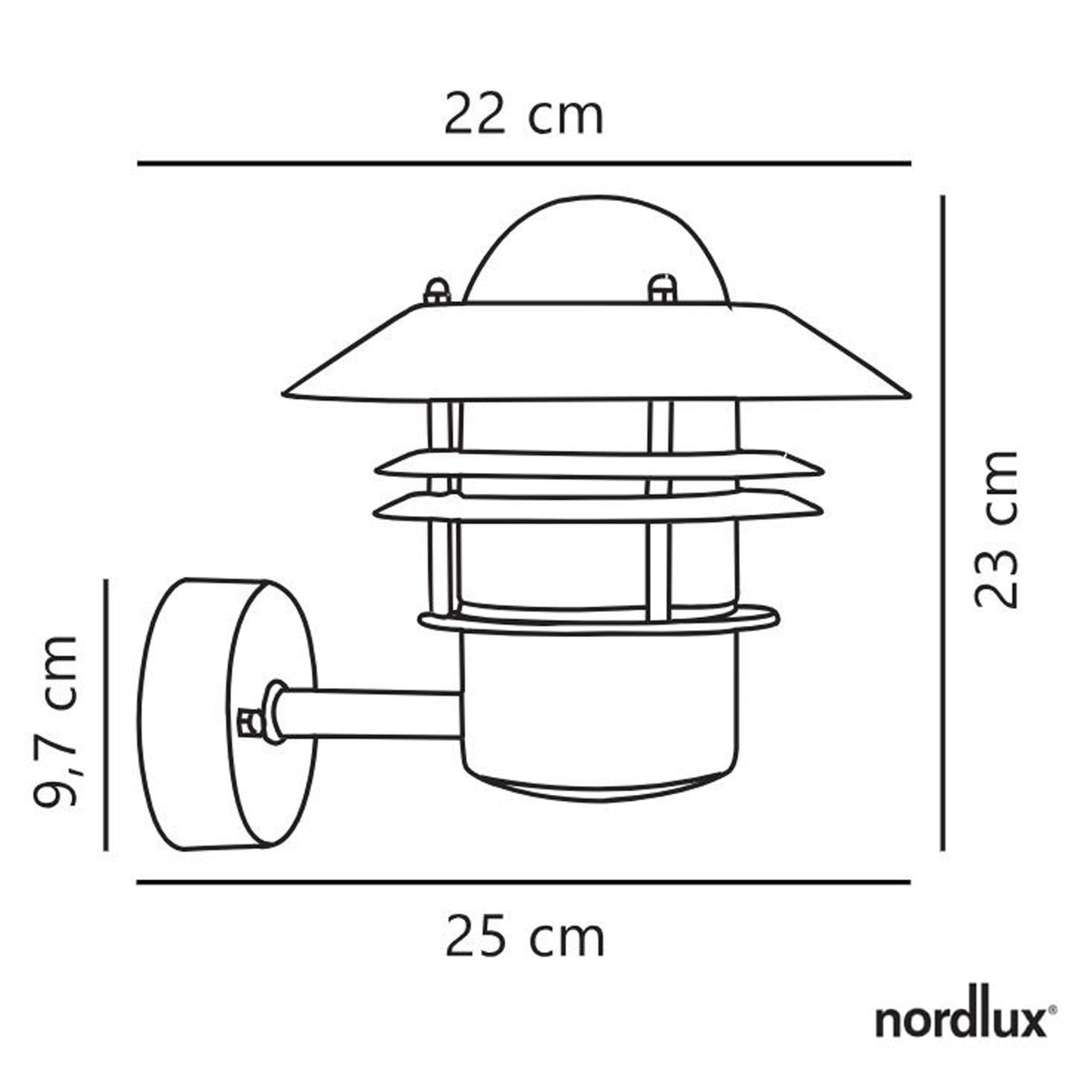 Line drawing of the black outdoor wall light showing its dimensions.