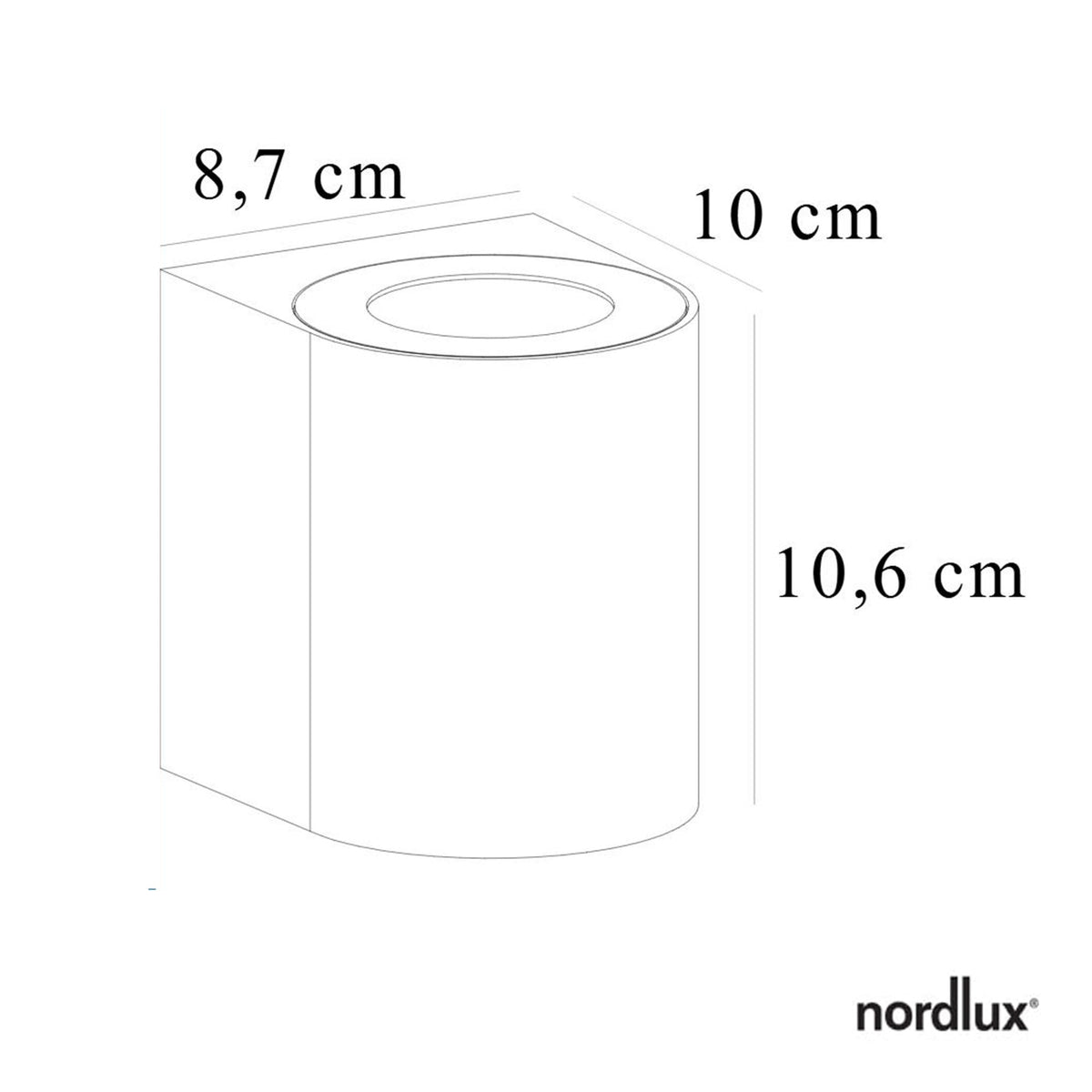 A diagram of the outdoor wall light with dimensions: 10.6 cm (height), 10 cm (width), 8.7 cm (depth).