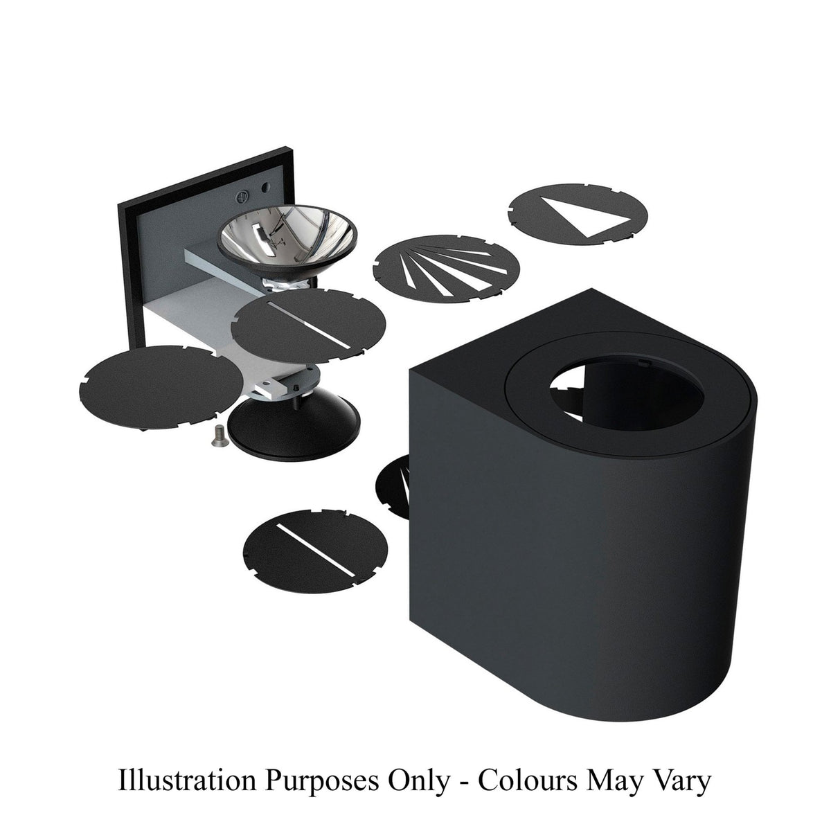 An exploded diagram of the outdoor wall light showcasing its internal components and accessories.