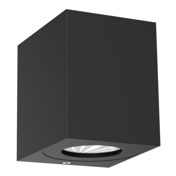 A close-up of a square black wall light with a downward-facing LED, perfect for outdoor use.