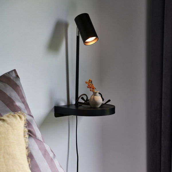 Cody Plugged Adjustable Wall Mounted Lamp In Black With Shelf