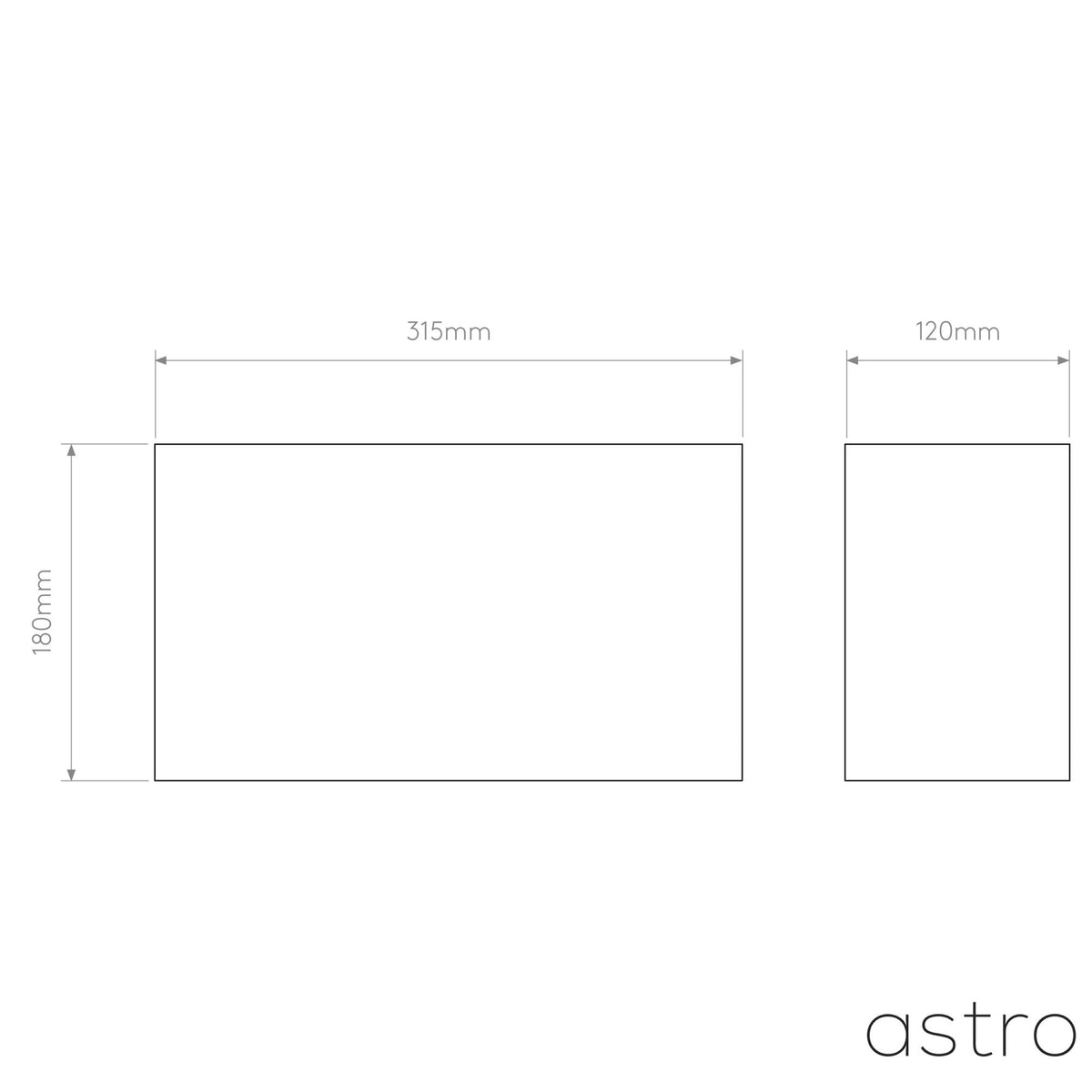 Astro product dimensions diagram showing 315mm width, 180mm height, and 120mm depth