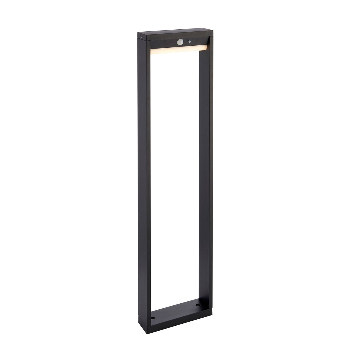 Black outdoor bollard light with a motion sensor on a white background.