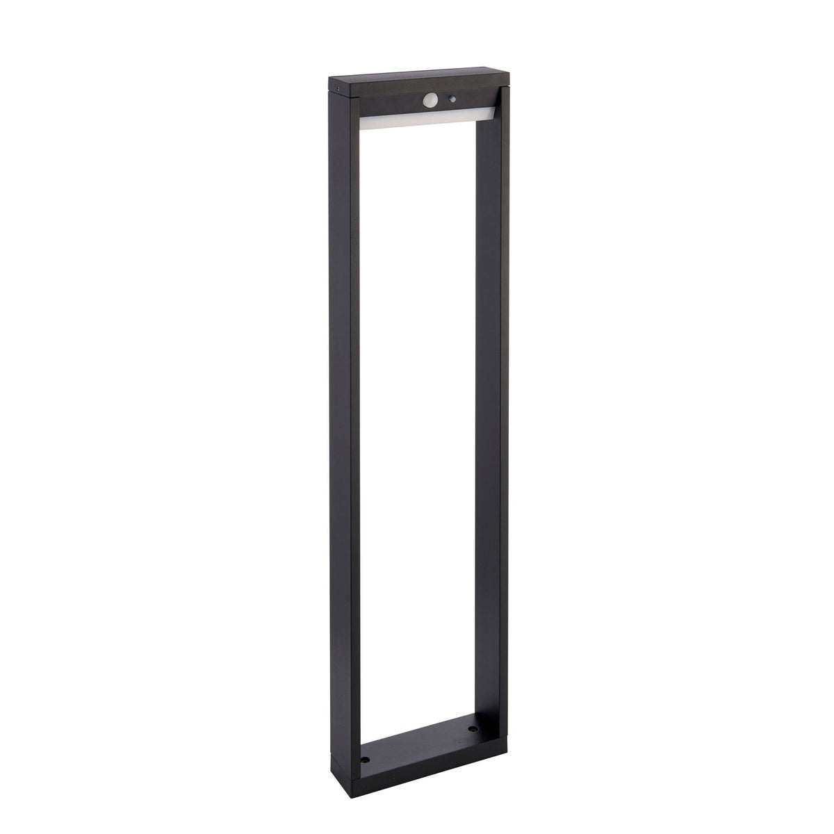 Black outdoor bollard light with a motion sensor on a white background.