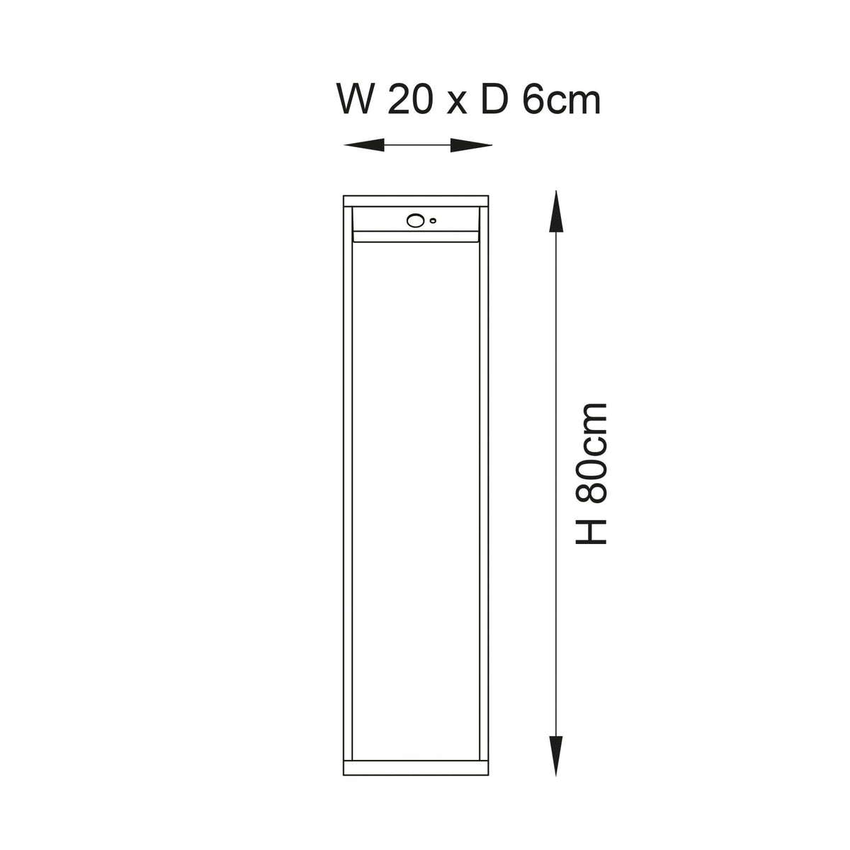 Line drawing of a bollard light with dimensions: 80cm height, 20cm width, 6cm depth.