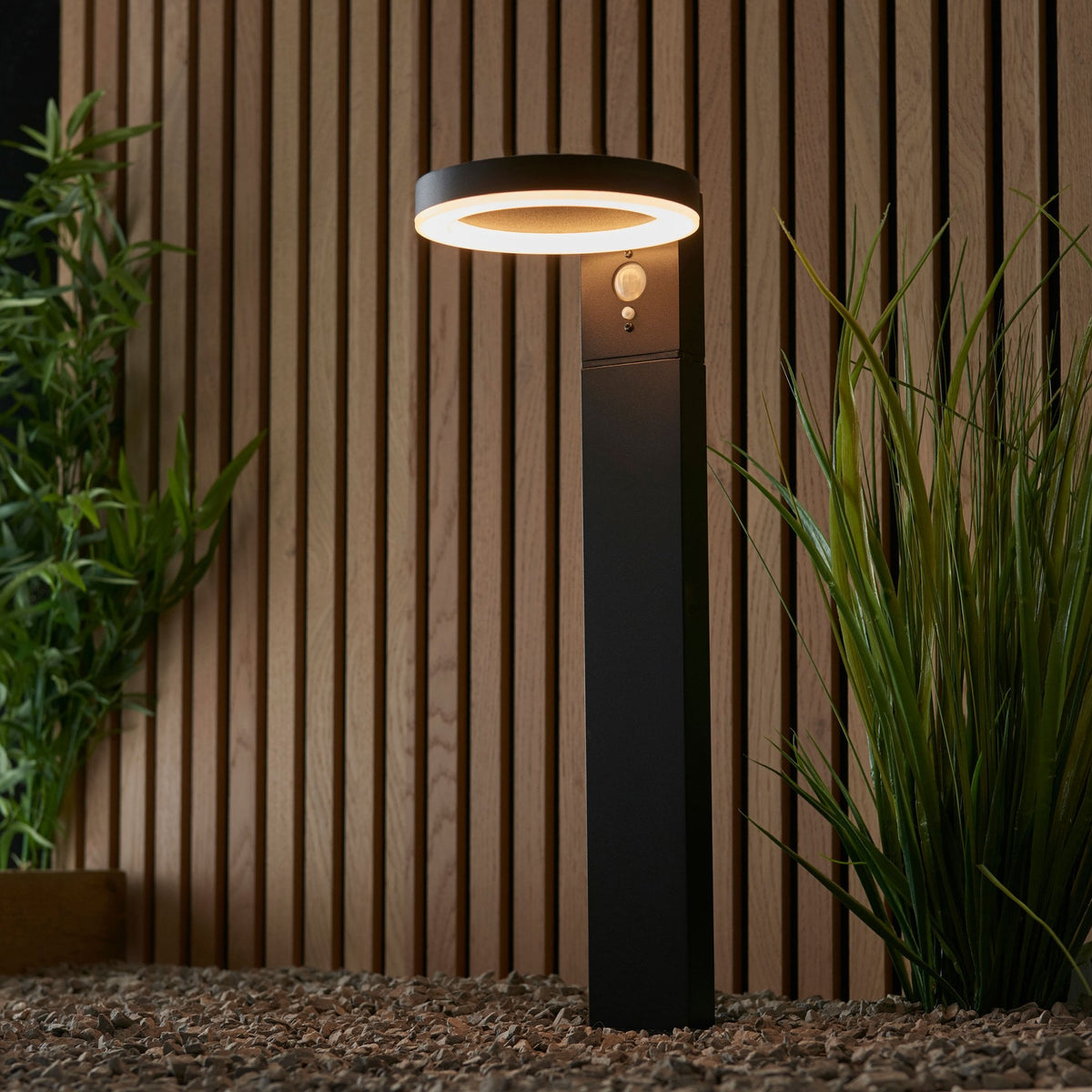 A black outdoor light with a circular LED, illuminating a garden path with a wooden fence.