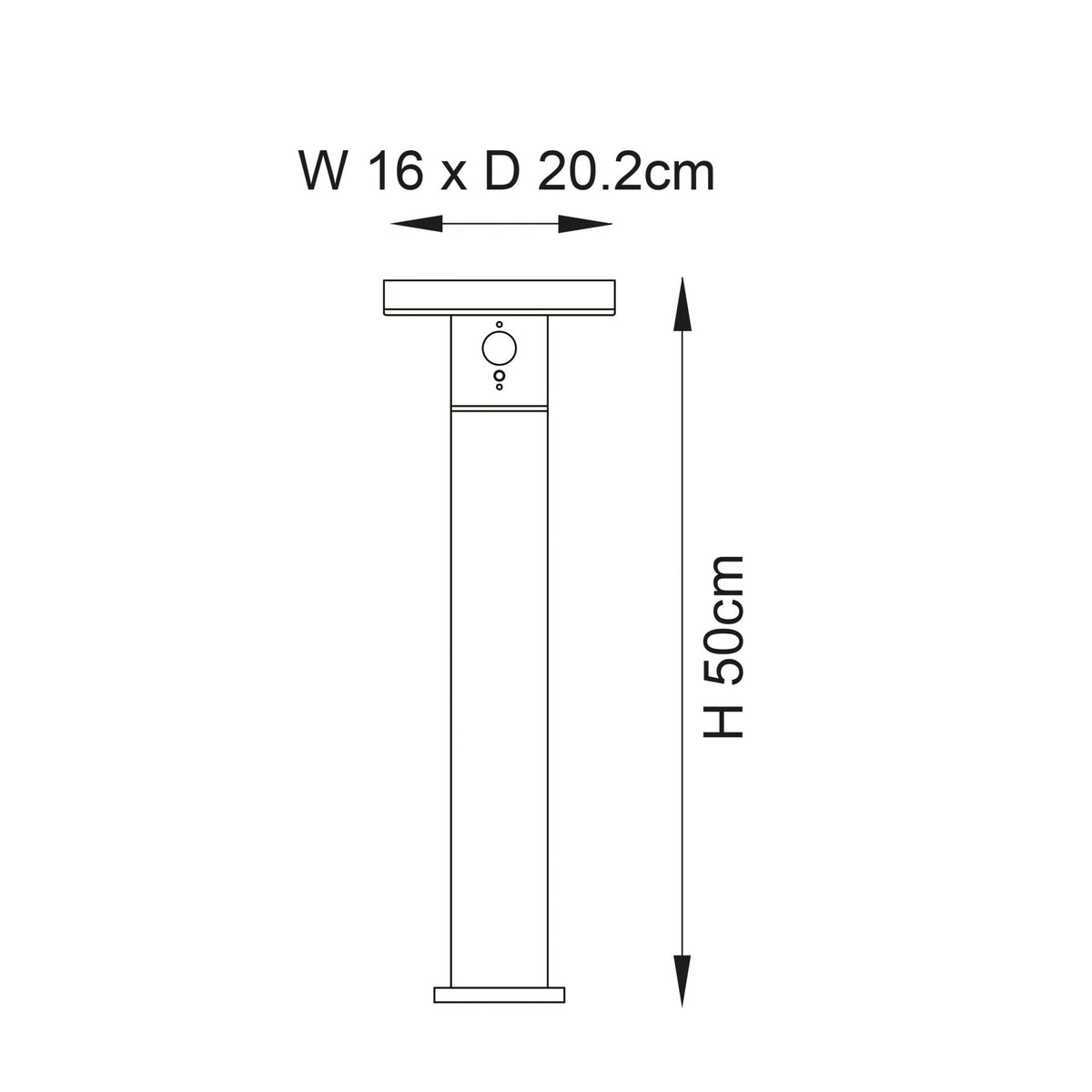 A diagram of the black outdoor light with dimensions: H 50cm, W 16cm, D 20.2cm.