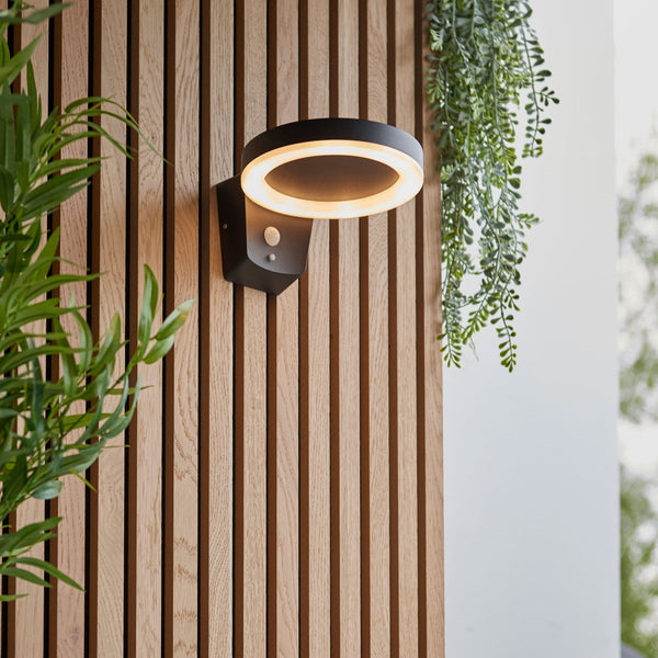Ebro Solar Powered Wall Light in Textured Black with PIR & Dusk to Dawn Function