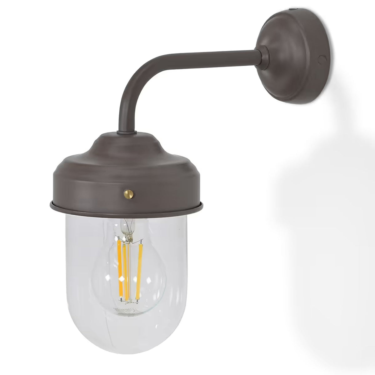 Dark bronze outdoor wall light with a clear glass shade and an exposed filament bulb.