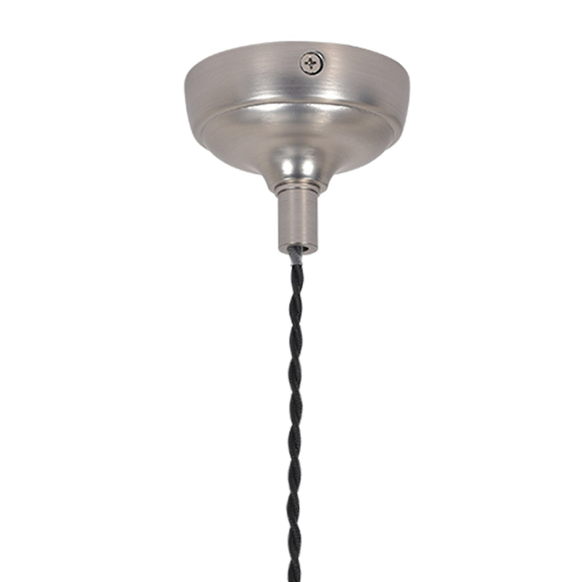 Brushed steel ceiling rose with a black braided cable hanging down.