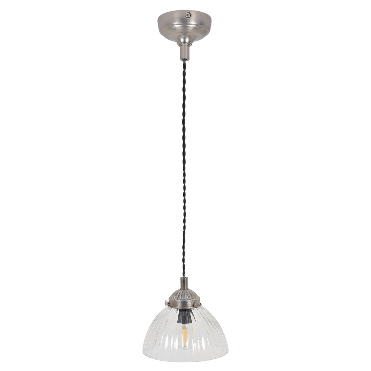 Brushed steel pendant light with a clear, ribbed glass shade and exposed filament bulb. 