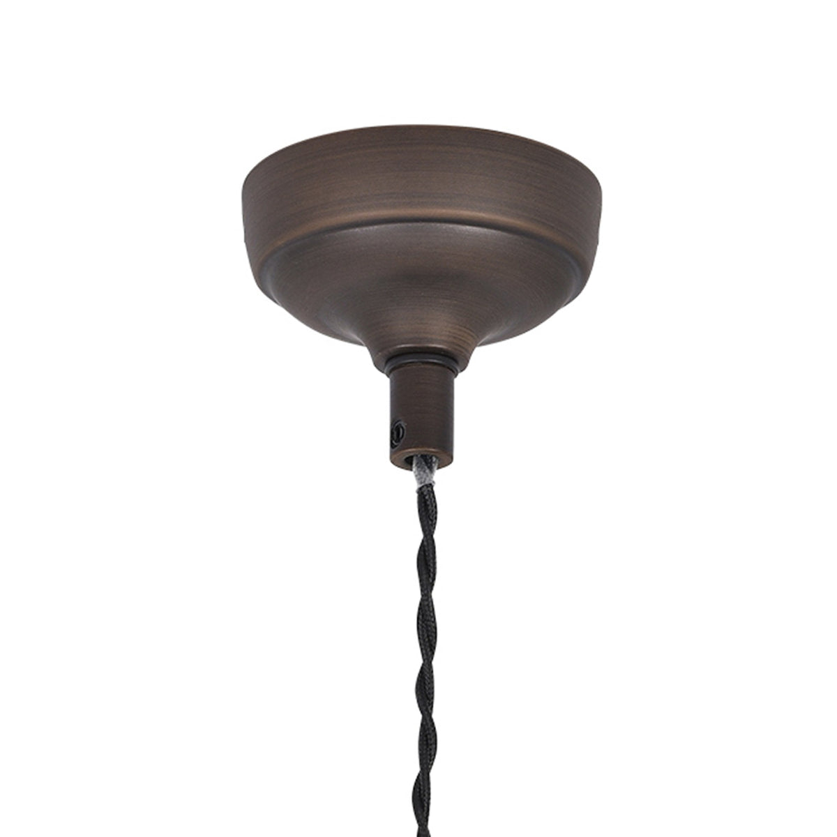 Bronze ceiling rose with a black braided cable hanging down.