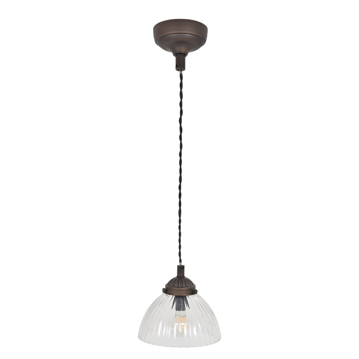Bronze pendant light with a clear, ribbed glass shade and exposed filament bulb.