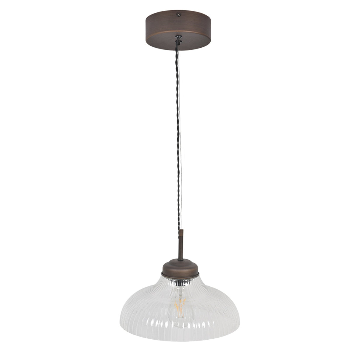Vintage-style pendant light with a ribbed glass shade and bronze accents, hanging from a twisted black cord.