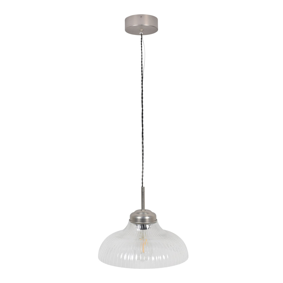 Ribbed glass pendant light with a brushed nickel finish, featuring an exposed filament bulb.