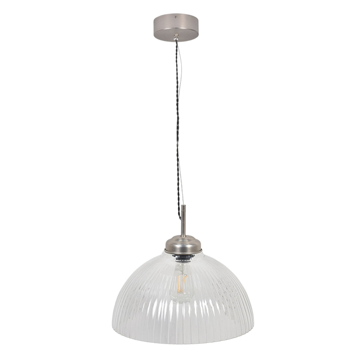 Ribbed glass pendant light with a brushed metal fixture and exposed bulb.