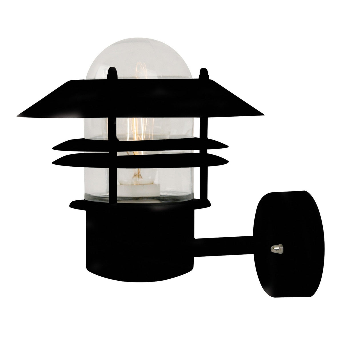 Black outdoor wall light with a clear glass shade on a white background.