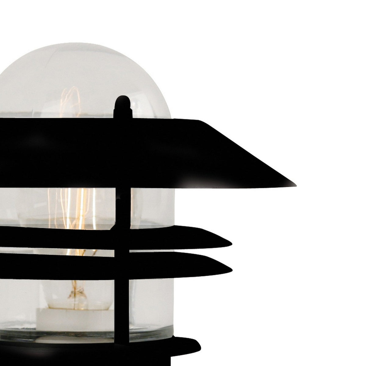 Close-up of the black outdoor wall light's clear glass shade and tiered design.