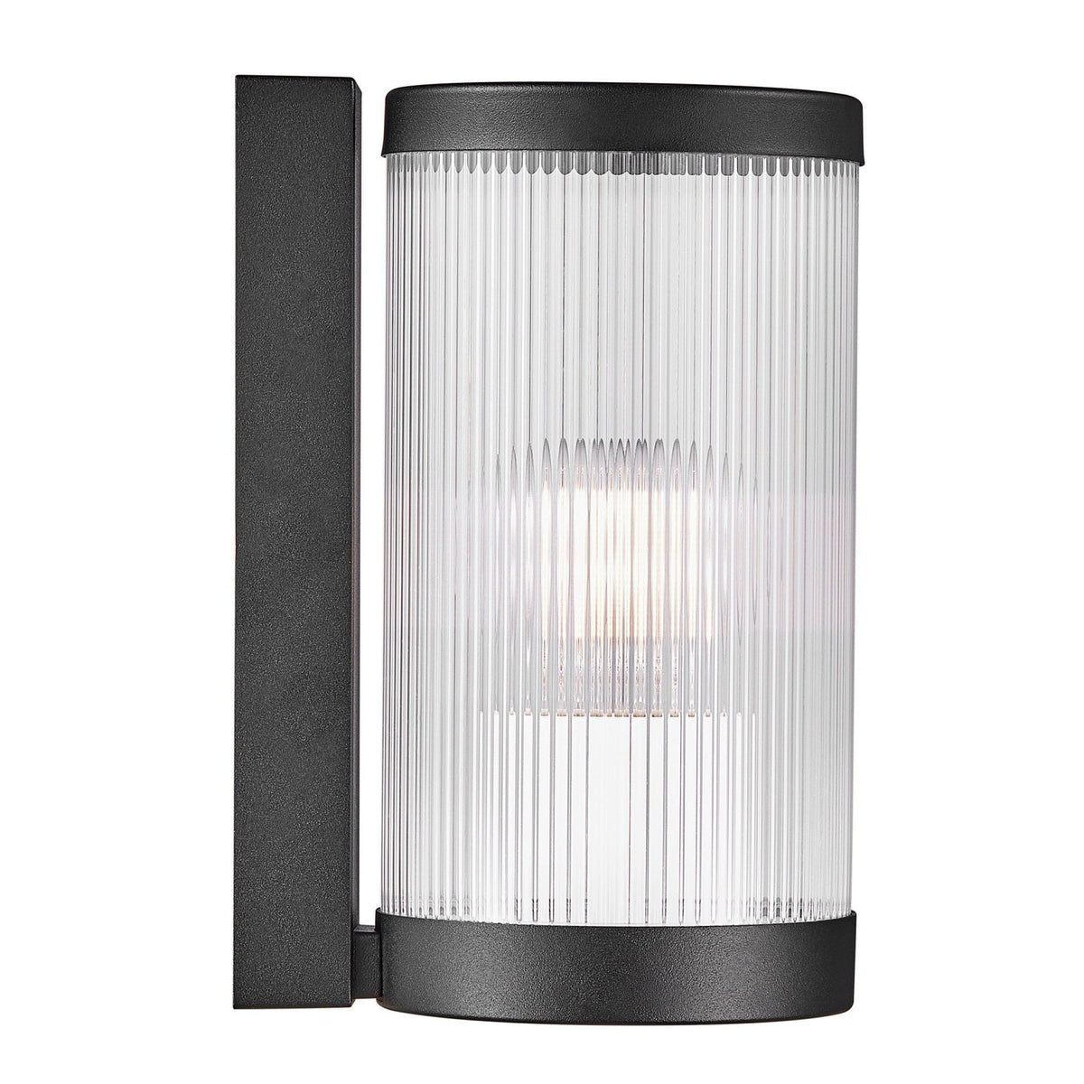 A black cylindrical outdoor wall light with reeded glass, viewed from an angle, isolated on white.